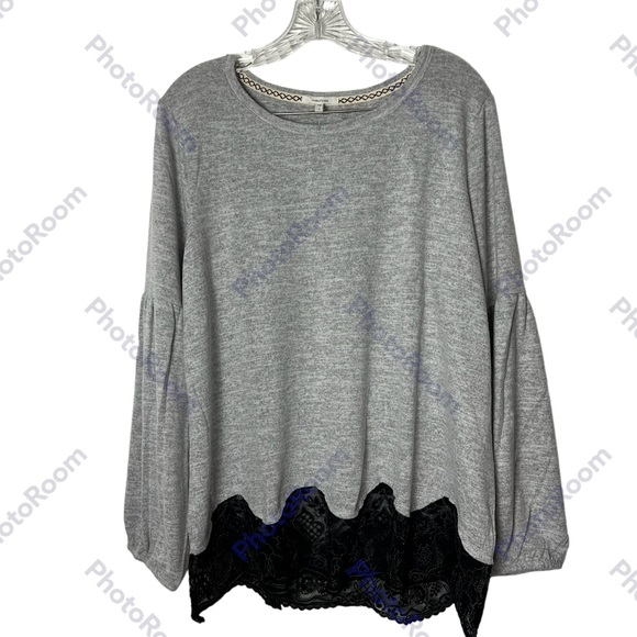 Maurice’s Gray Knit Long Sleeve Top Black Lace hem - Picture 4 of 11